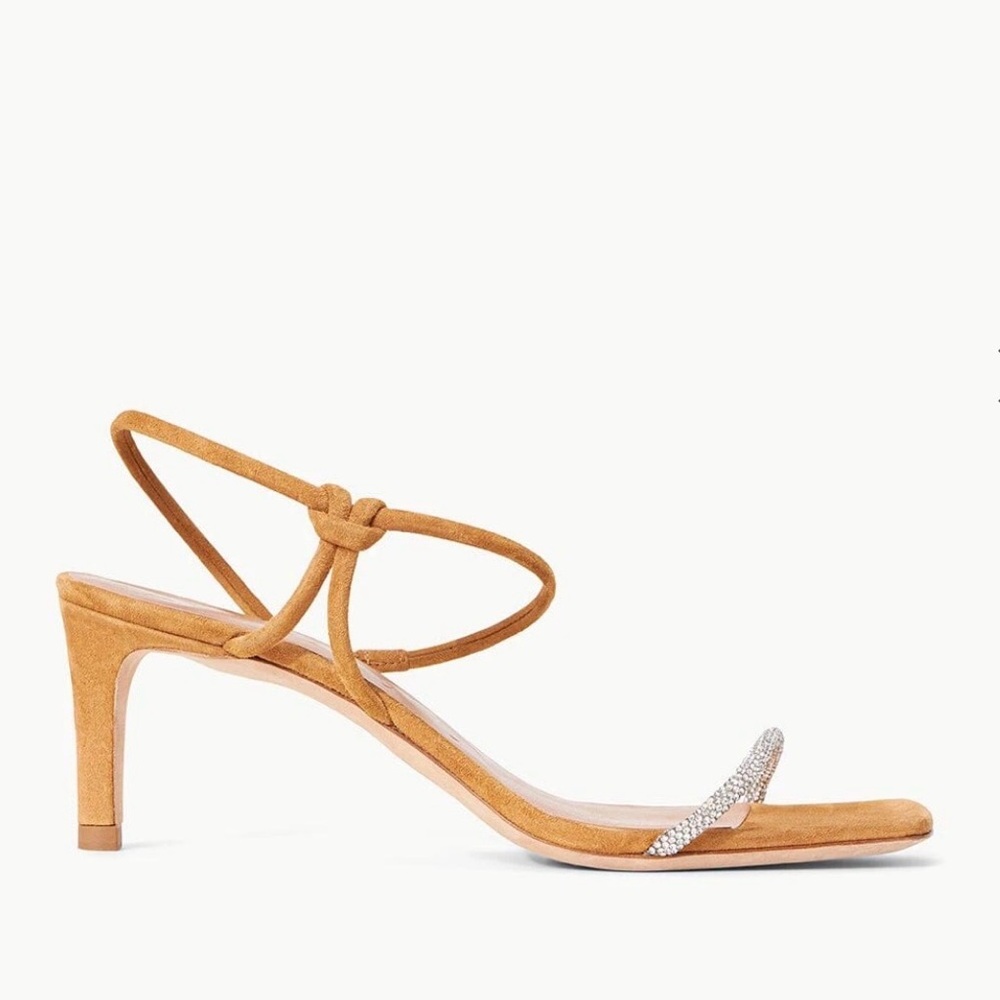 STAUD Tan Suede Strappy Heeled Sandals Rhinestone laurel Crystal heel size 38.5 - Picture 11 of 16
